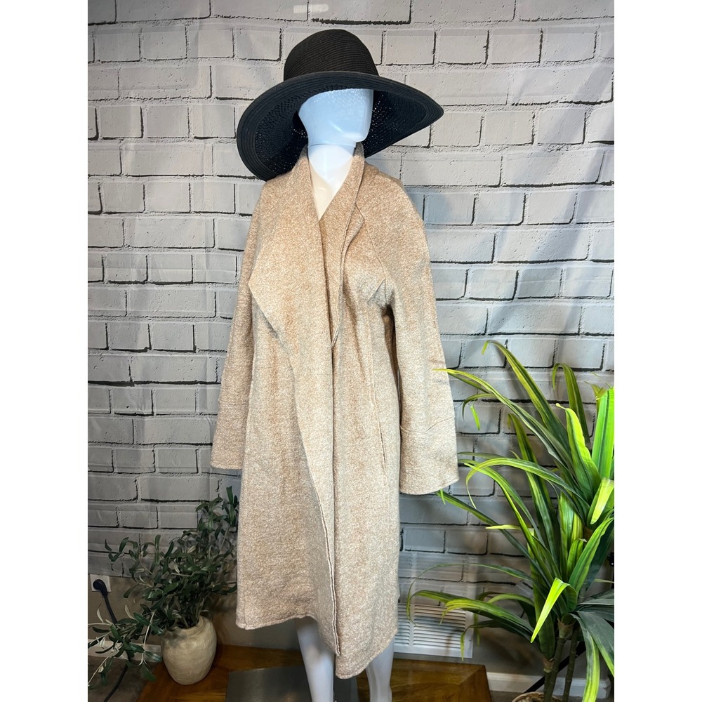 Tahari Womens Wool Blend Open Front Wrap Coat Tan Marl Draped Shawl Collar Med